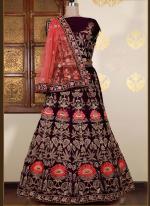 Velvet Wine Bridal Wear Embroidery Work Lehenga Choli